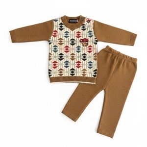 Cozy Two-Piece Brown and Patterned Knit Baby Outfit